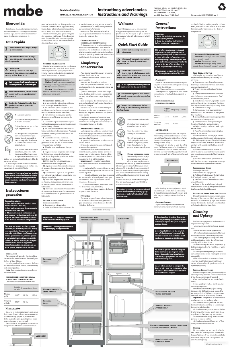 Page 1 de la notice Manuel utilisateur Mabe RMA1025YMXE1