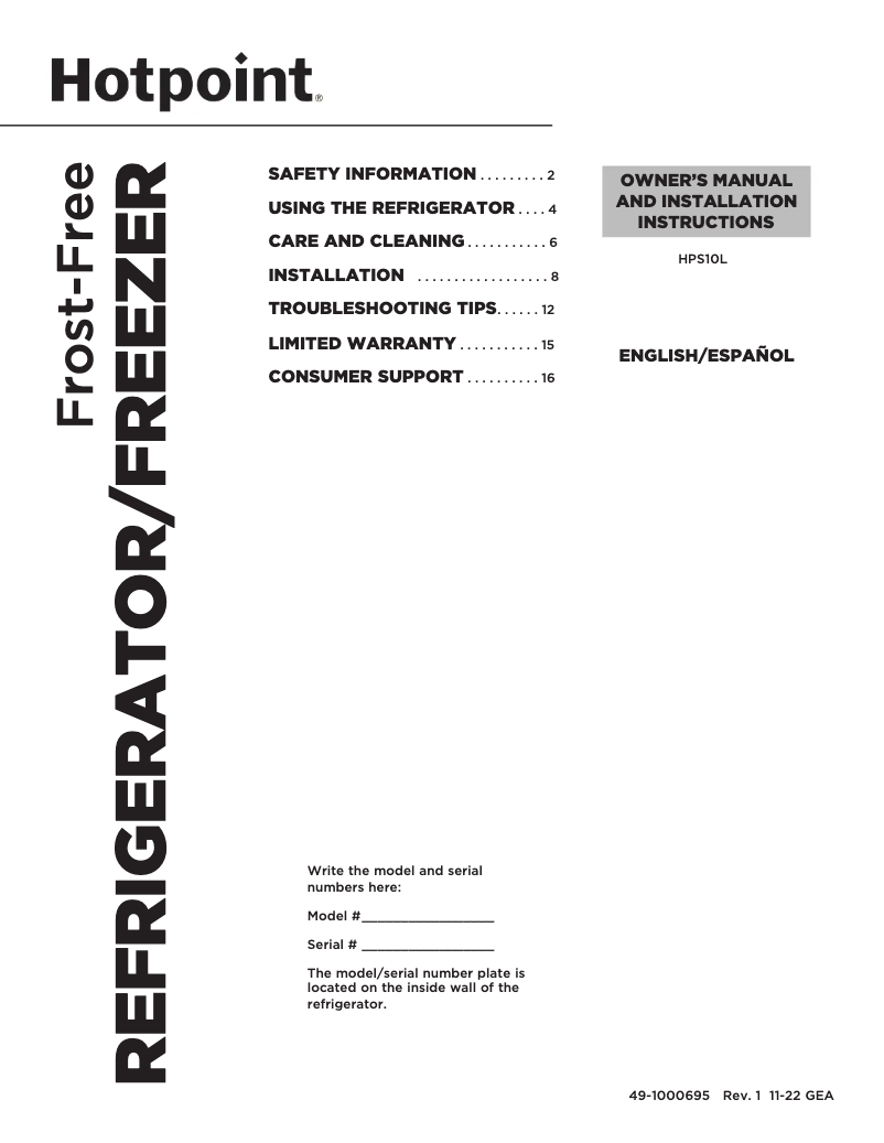 Page 1 de la notice Manuel utilisateur Hotpoint HPS10LGVRBB