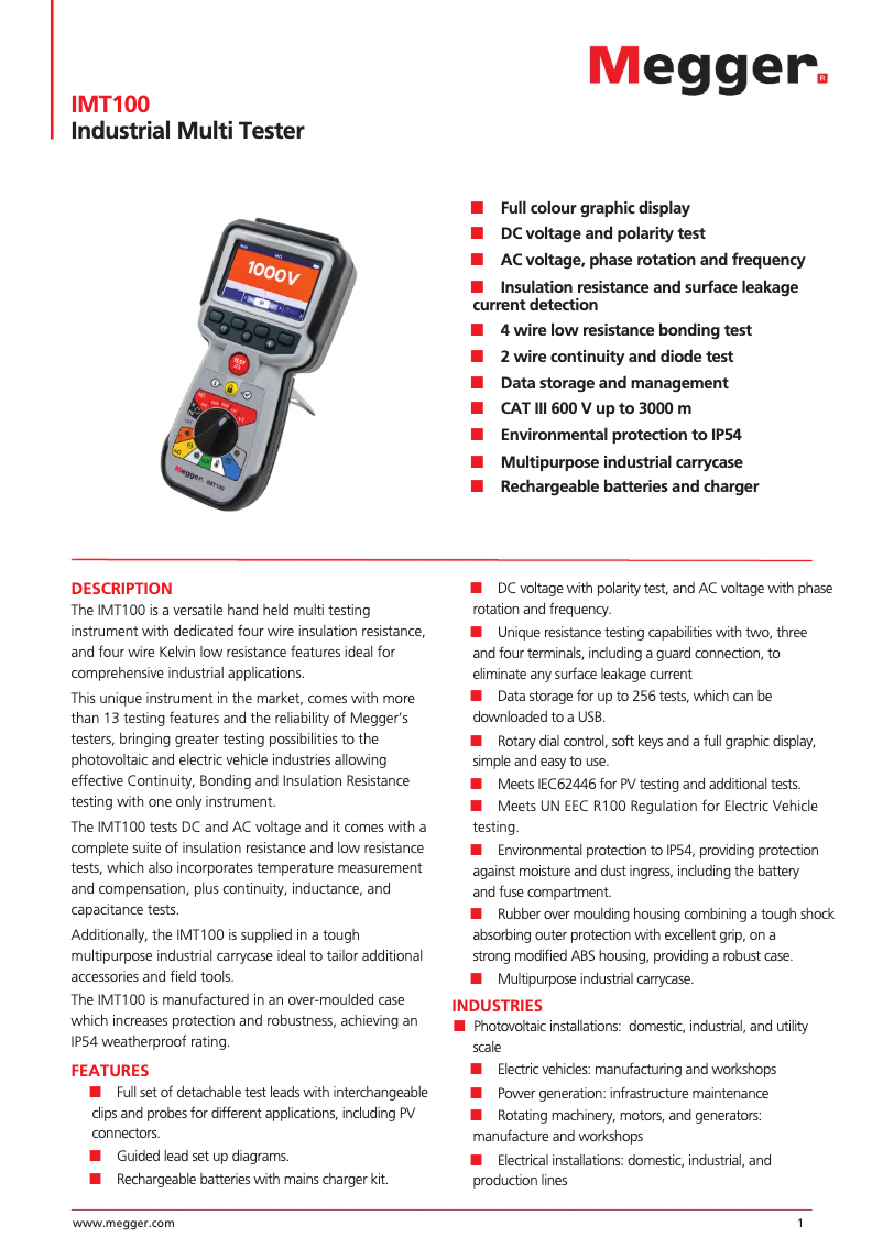 Page 1 de la notice Fiche technique Megger IMT100