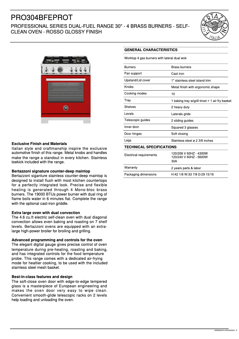 Page 1 de la notice Fiche technique Bertazzoni PRO304BFEPROT
