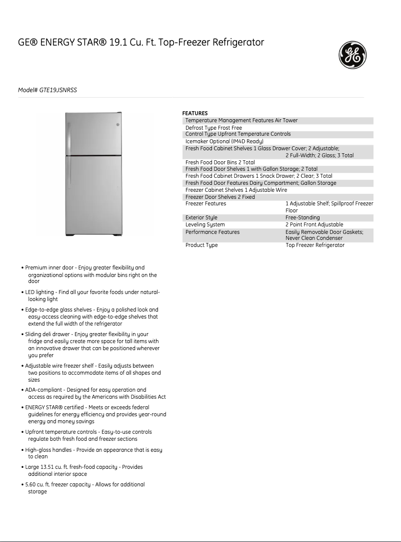Page 1 of the manual Technical Sheet GE GTE19JSNRSS