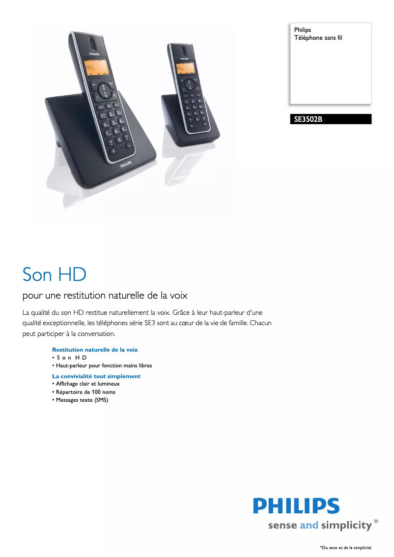Page 1 of the manual Technical Sheet Philips SE3502B