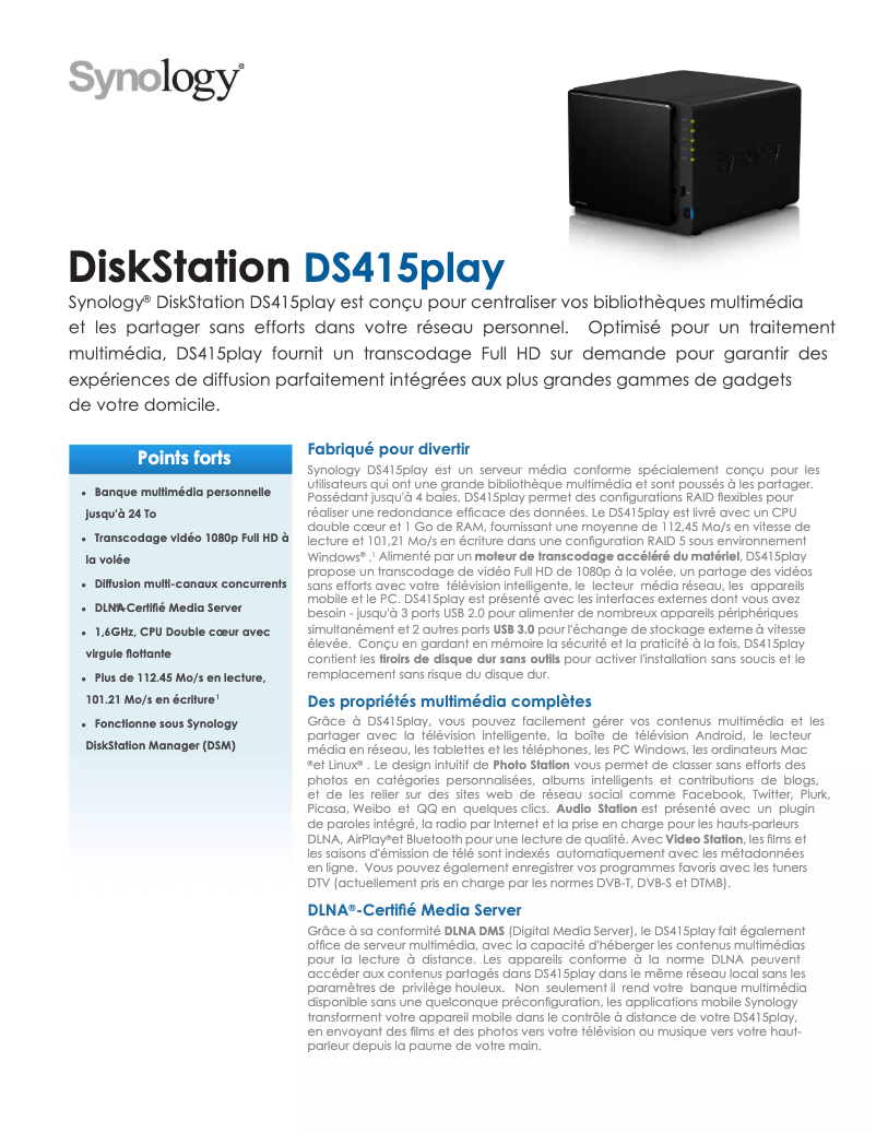Page 1 de la notice Fiche technique Synology DiskStation DS415play