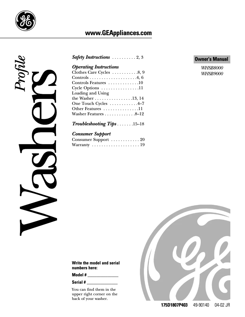 Page 1 of the manual Instruction Manual GE WHSB9000BWC