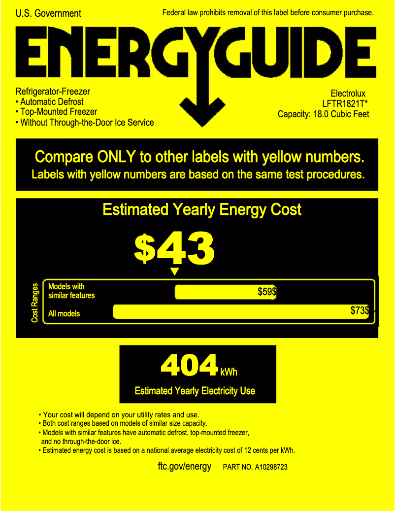 Page 1 de la notice Label énergétique Frigidaire FFTR1821TB