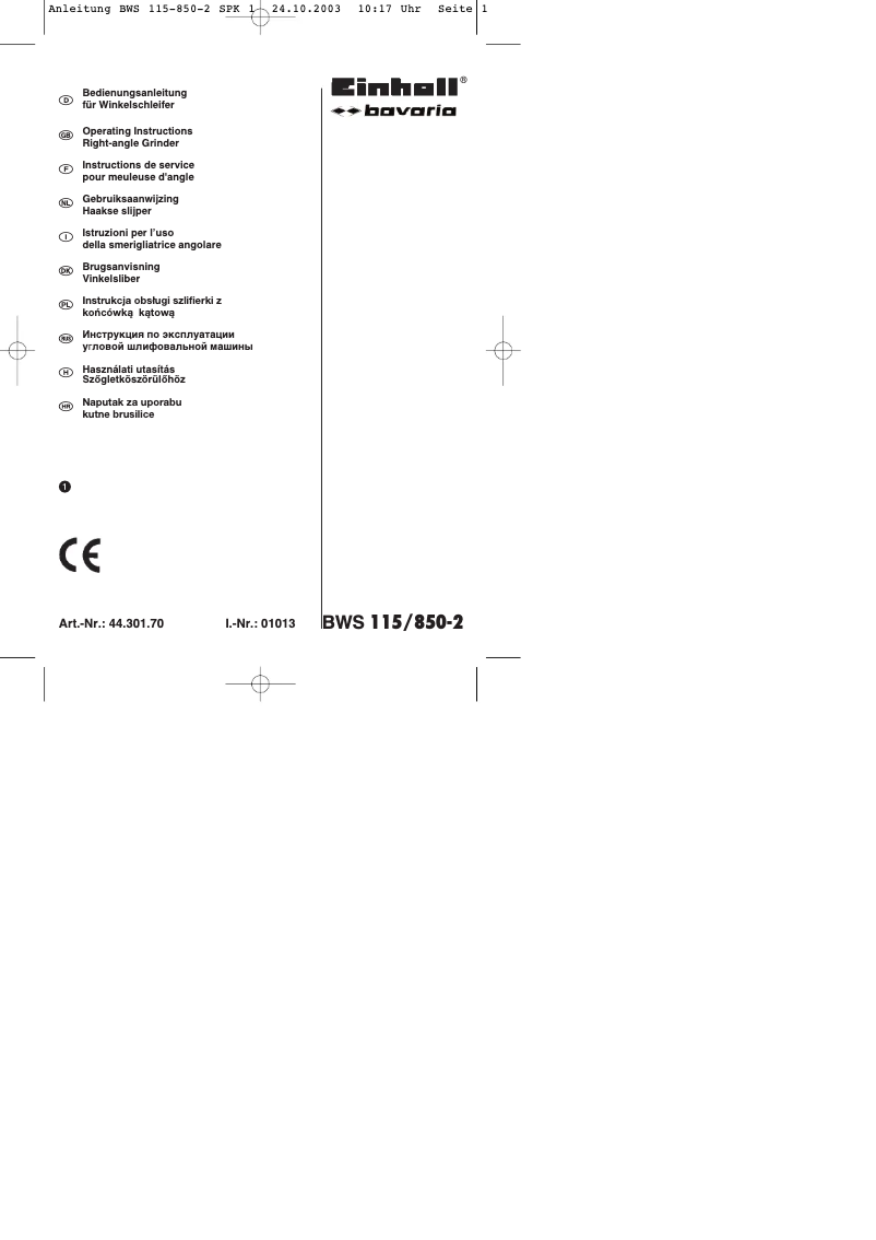 Page 1 de la notice Manuel utilisateur Bavaria by Einhell BWS 115/850-3
