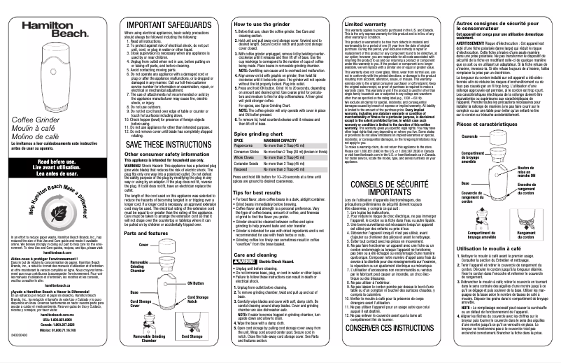 Page 1 de la notice Manuel utilisateur Hamilton Beach 80350R