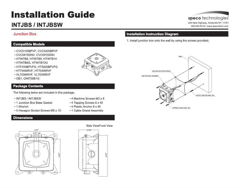 Page 1 de la notice Manuel utilisateur Speco Technologies INTJBSW