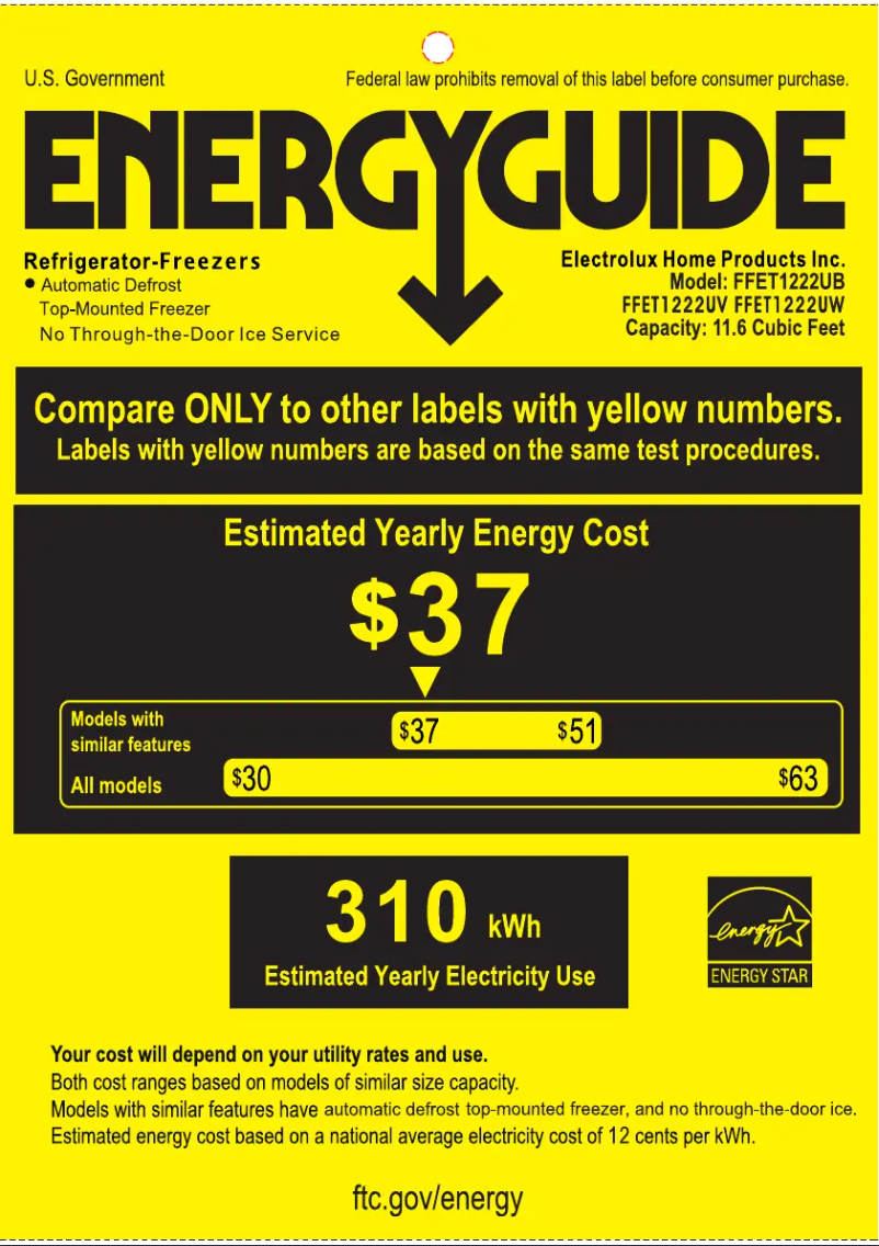 Página 1 del manual Etiqueta energética Frigidaire FFET1222UB