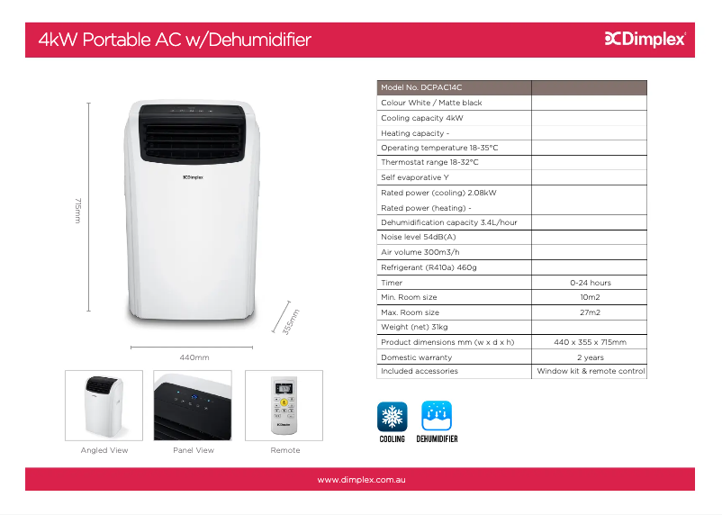 Page 1 de la notice Fiche technique Dimplex DCPAC14C