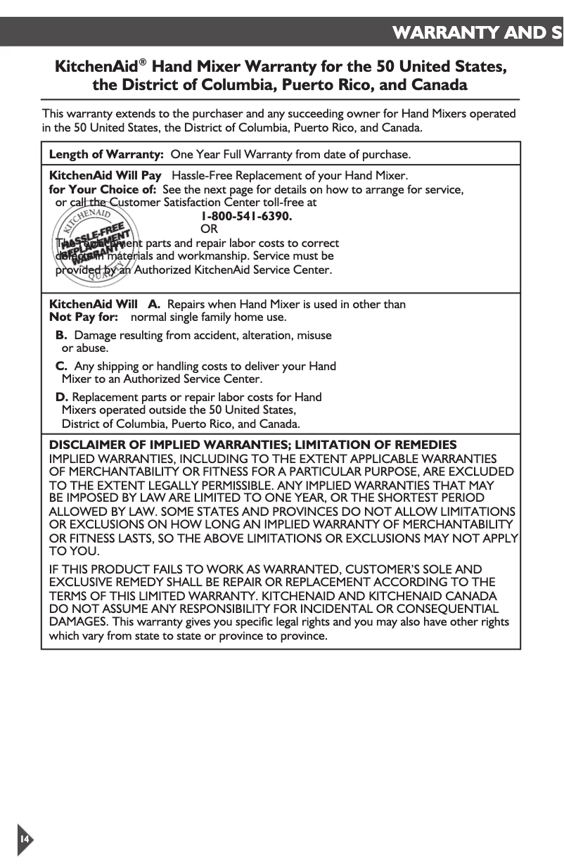 Page 1 de la notice Informations de garantie KitchenAid KHM929CU