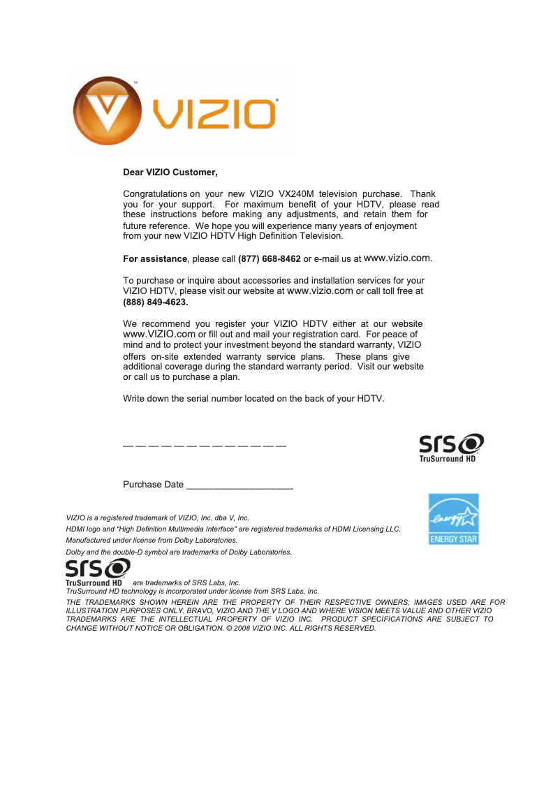 Página 1 del manual Manual de usuario VIZIO VX240M