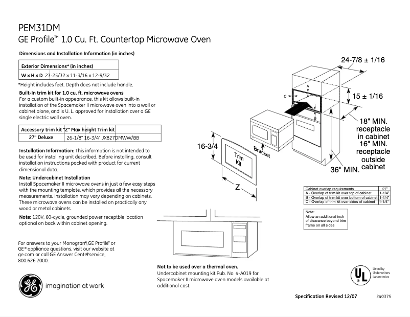 Page 1 of the manual Technical Sheet GE PEM31DMCC