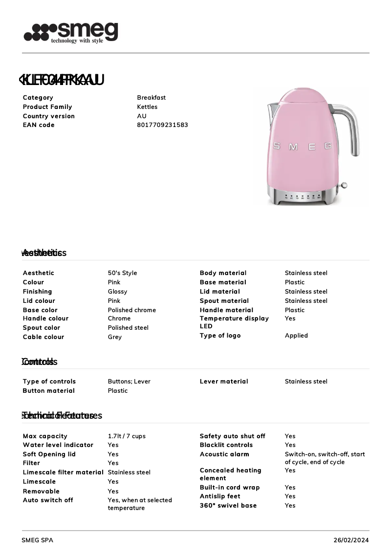 Page 1 de la notice Fiche technique Smeg KLF04