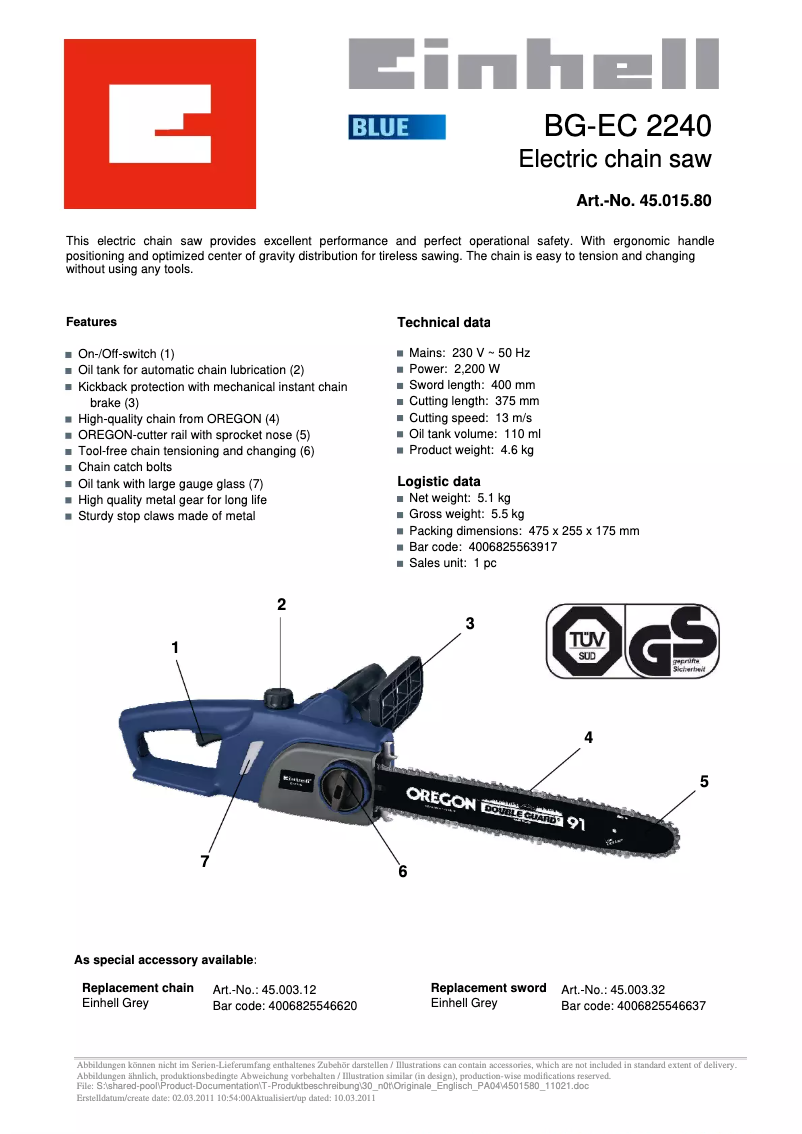 Página 1 del manual Ficha técnica Einhell BG-EC 2240