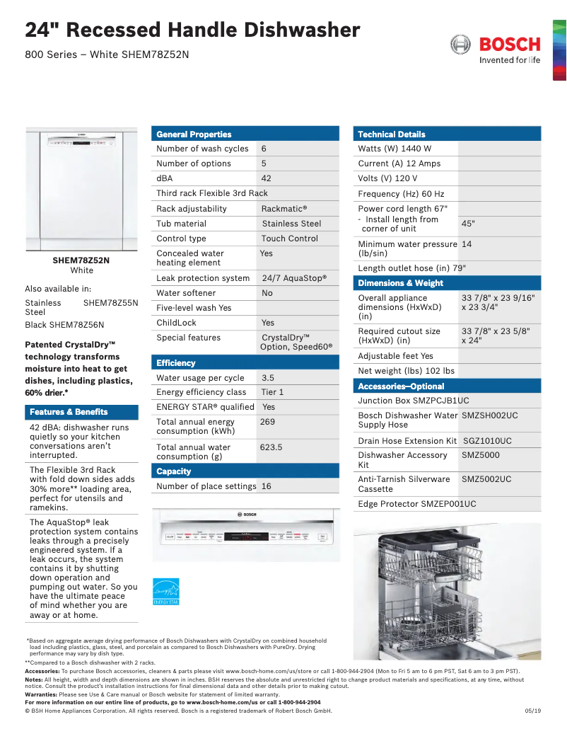 Page 1 of the manual Technical Sheet Bosch SHEM78Z52N
