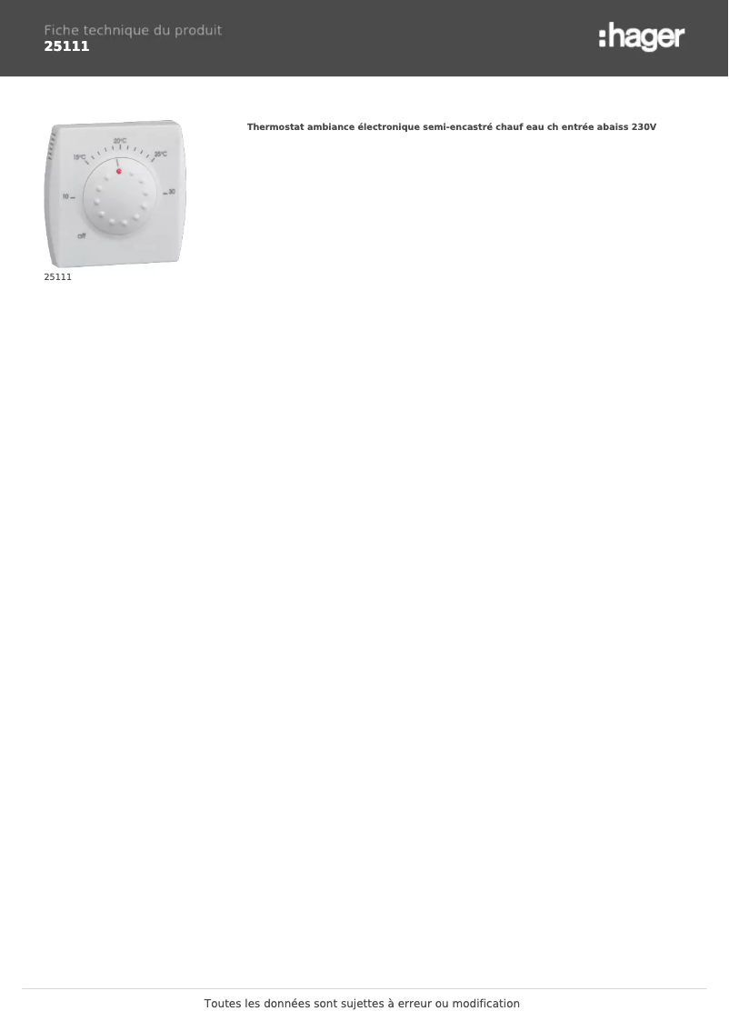 Page 1 de la notice Fiche technique Hager 25111