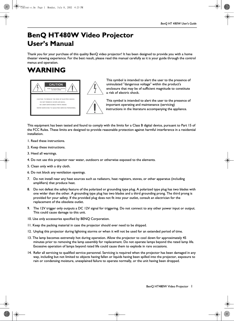 Page 1 of the manual User Manual BenQ HT480W