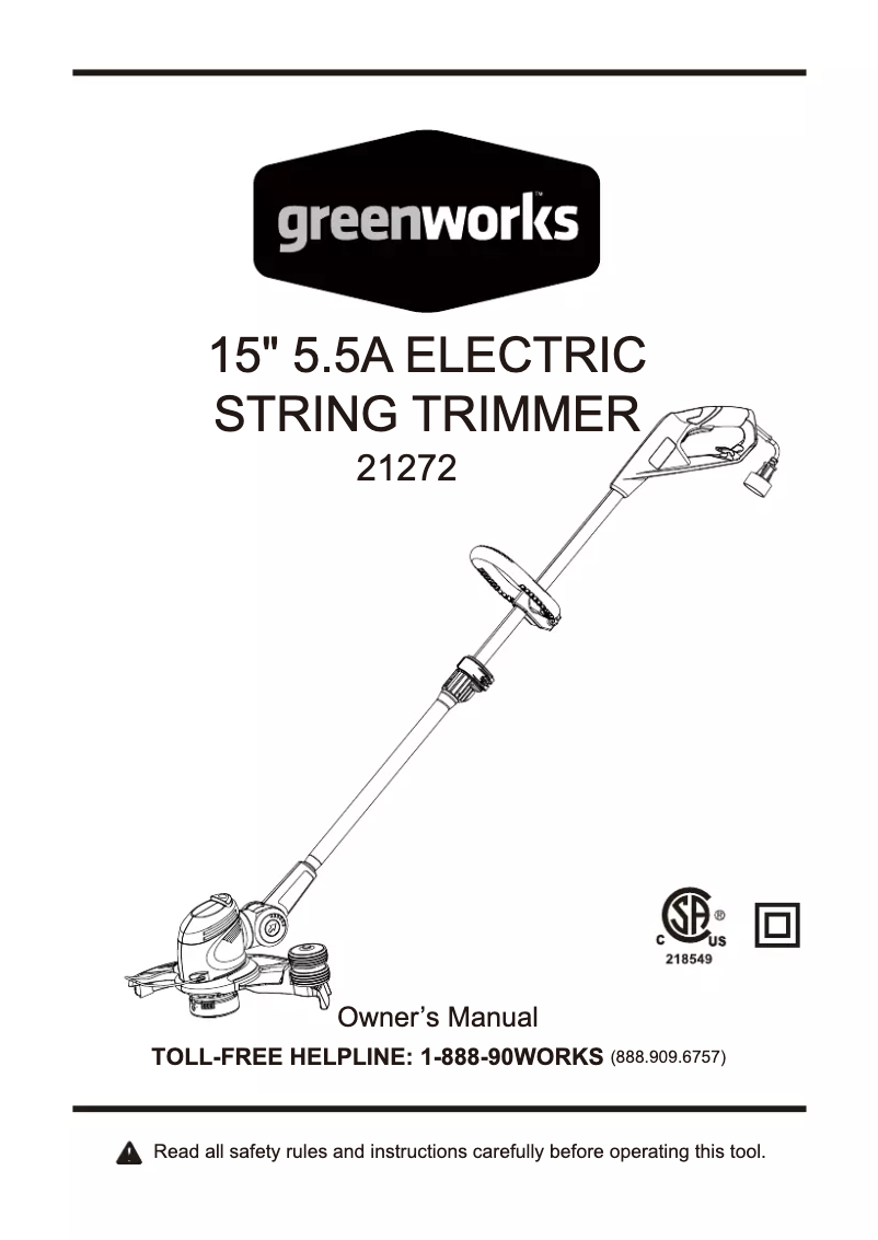 Page 1 of the manual User Manual Greenworks 21272