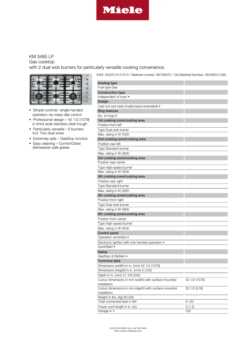 Página 1 del manual Ficha técnica Miele KM 3485 LP