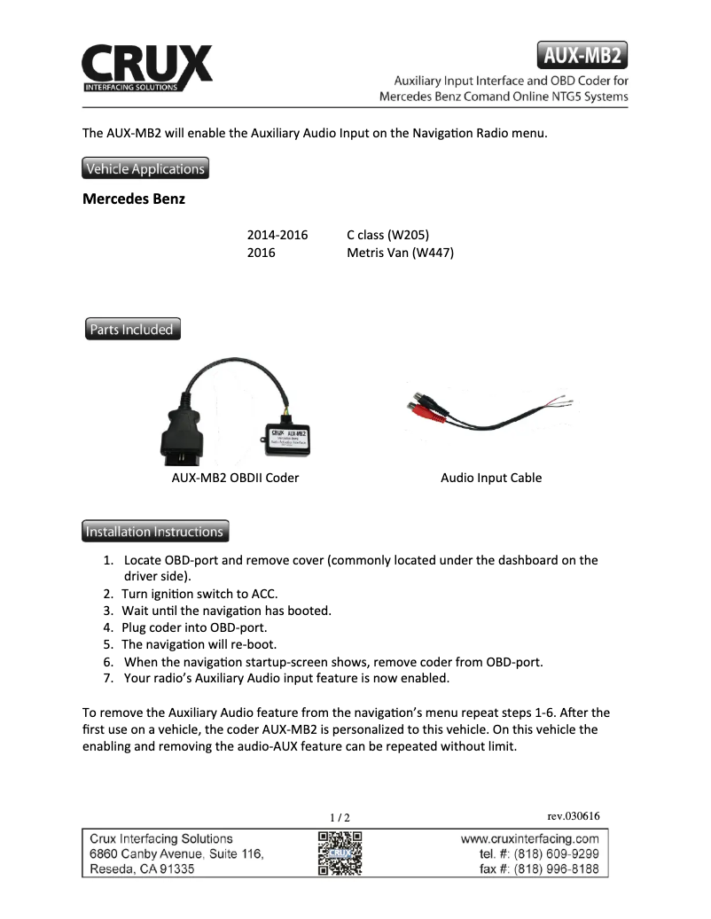 Page 1 de la notice Manuel utilisateur CRUX AUX-MB2