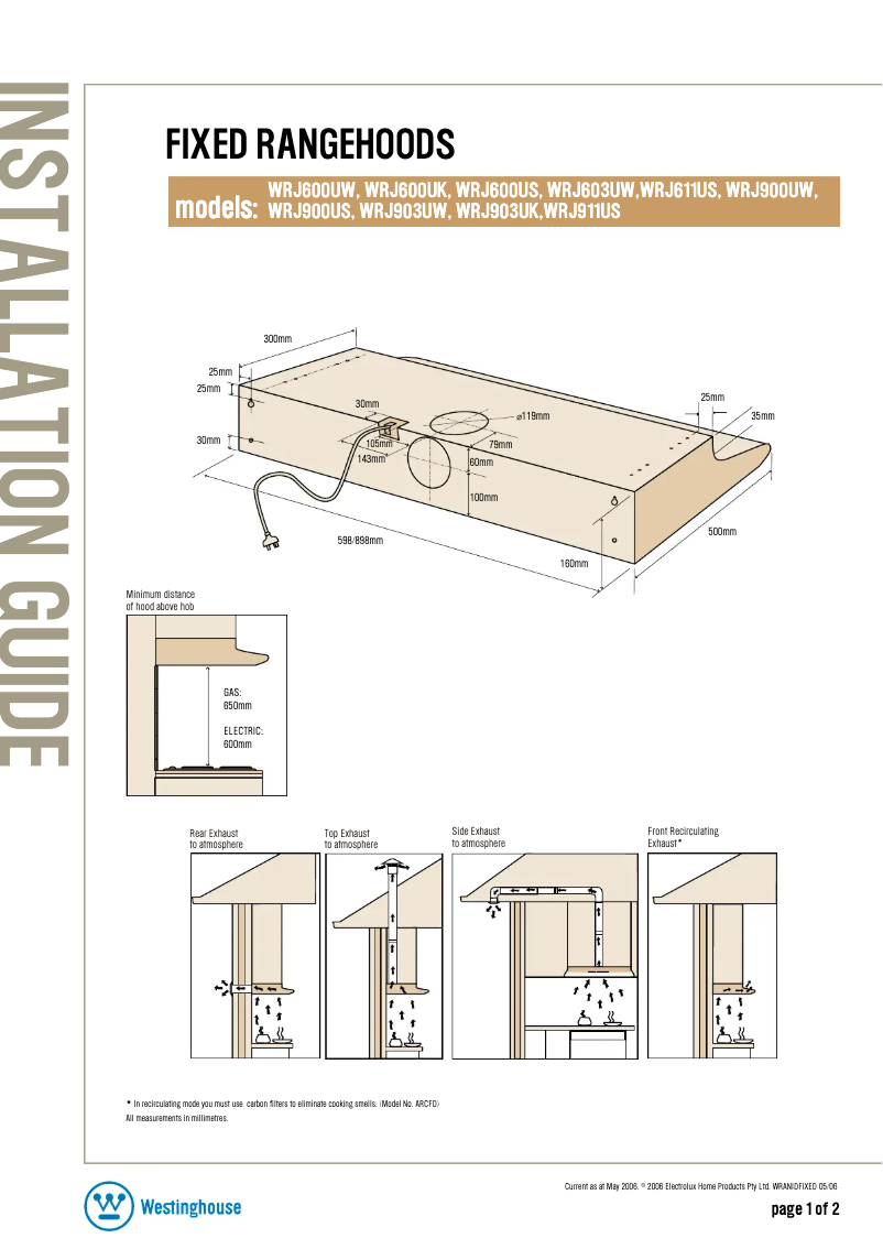 Página 1 del manual Guía de instalación Westinghouse WRJ603UW
