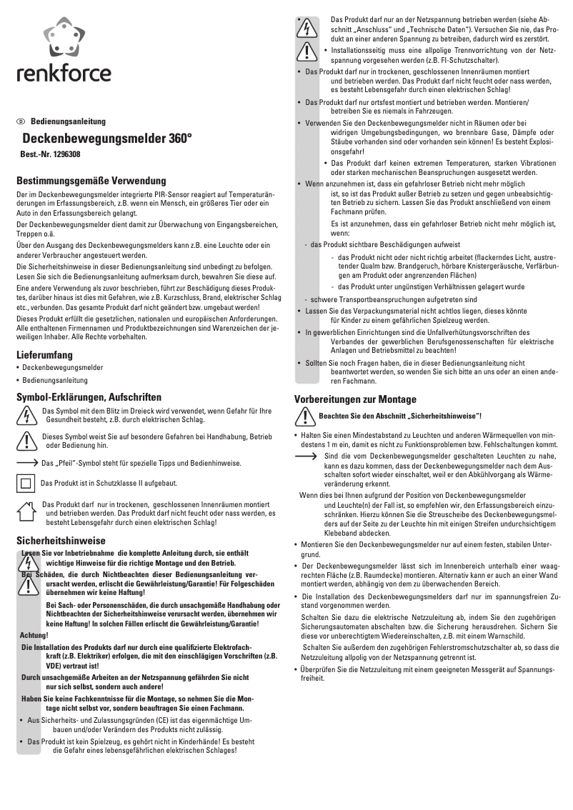 Page 1 de la notice Manuel utilisateur Renkforce 1296308