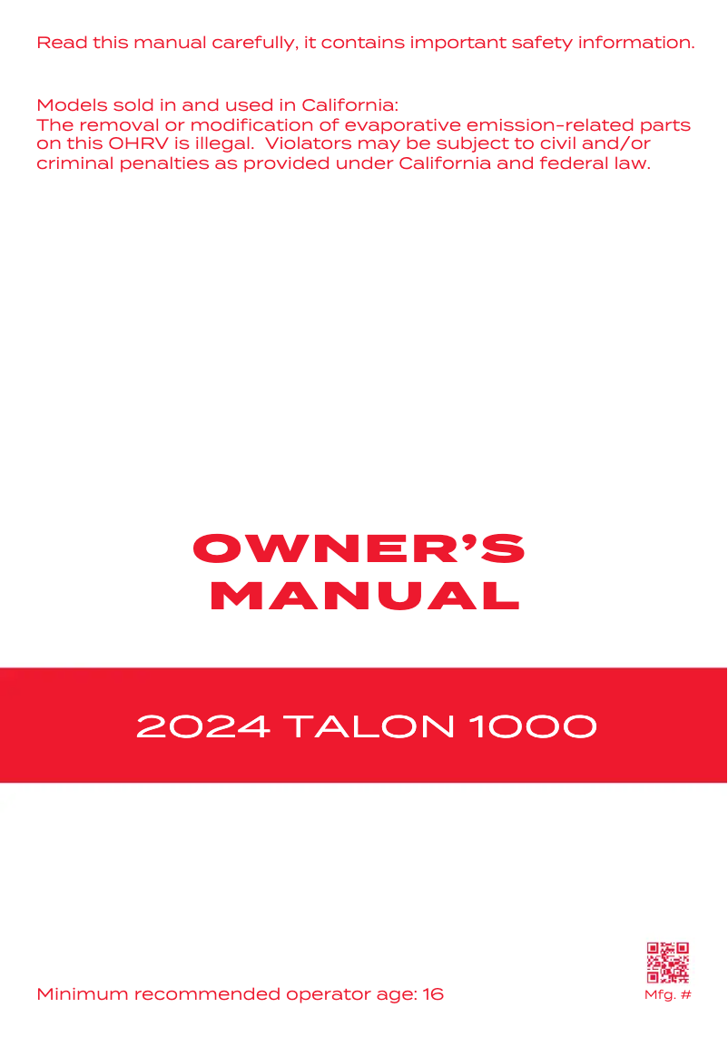 Page 1 de la notice Manuel utilisateur Honda Talon 1000X (2024)