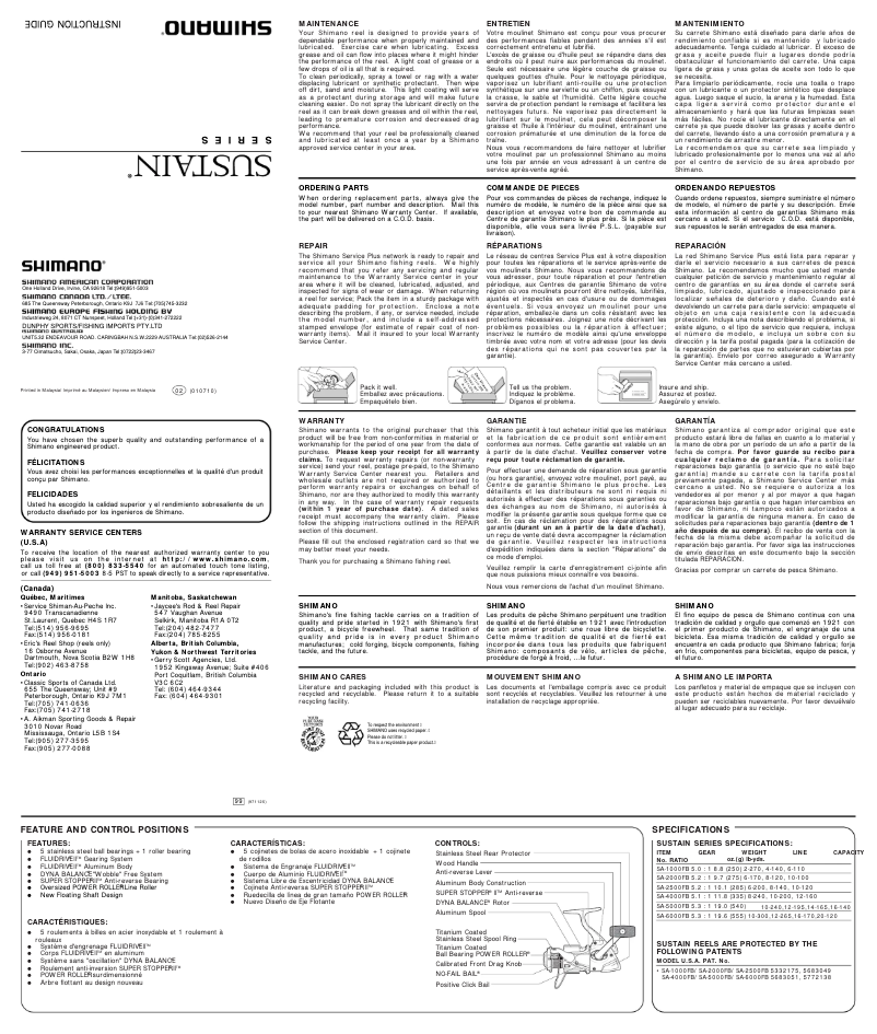 Page 1 de la notice Manuel utilisateur Shimano Sustain 1000FB