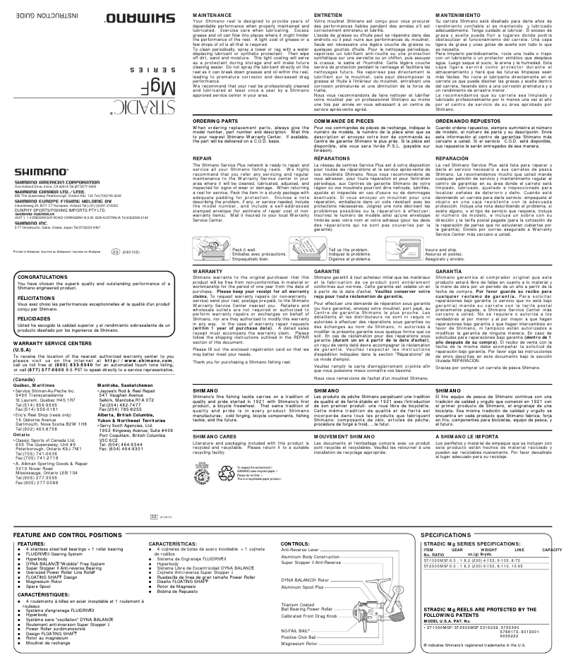 Page 1 de la notice Manuel utilisateur Shimano Stradic 1000MGF