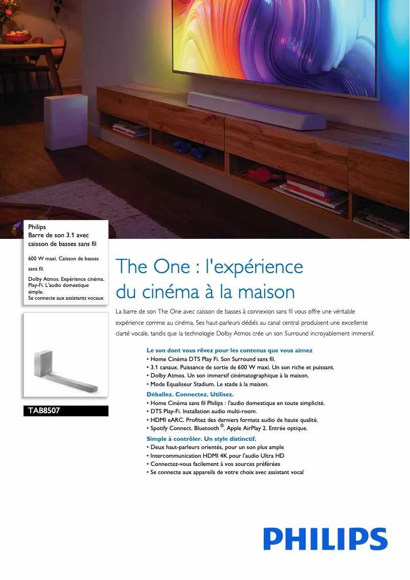 Page 1 de la notice Fiche technique Philips TAB8507