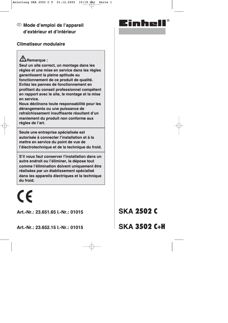 Page 1 de la notice Manuel utilisateur Einhell SKA 3502 C+H