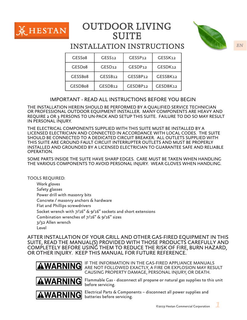 Page 1 de la notice Manuel utilisateur Hestan GESDBK12