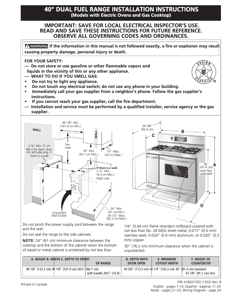 Page 1 de la notice Guide d'installation Frigidaire FPDF4085KF