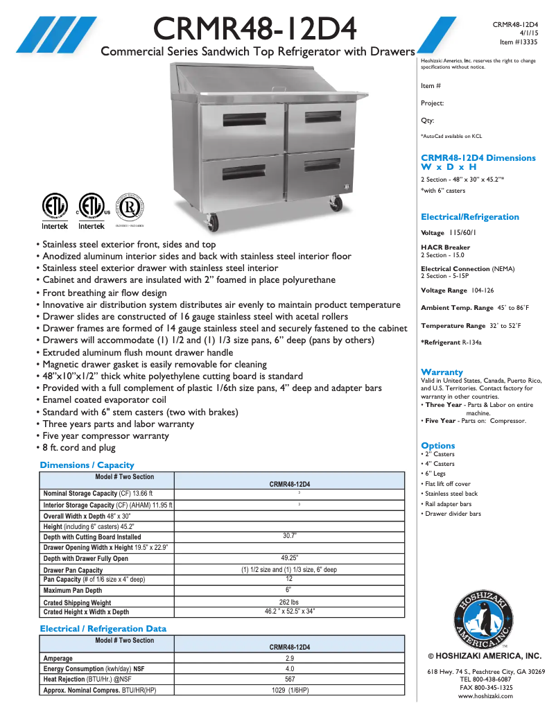 Page 1 de la notice Fiche technique Hoshizaki CRMR48-12D4