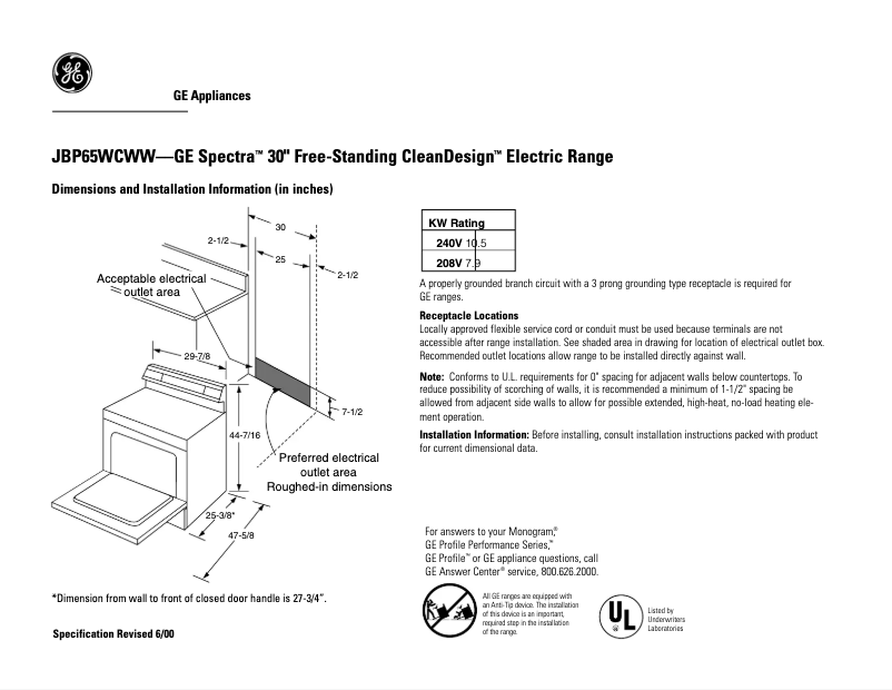 Página 1 del manual Ficha técnica GE Spectra JBP65WCWW