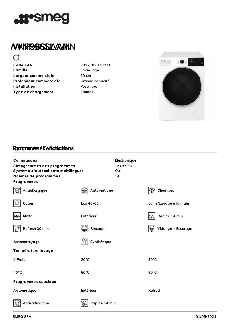 Page 1 de la notice Fiche technique Smeg WNP96SLAAIN