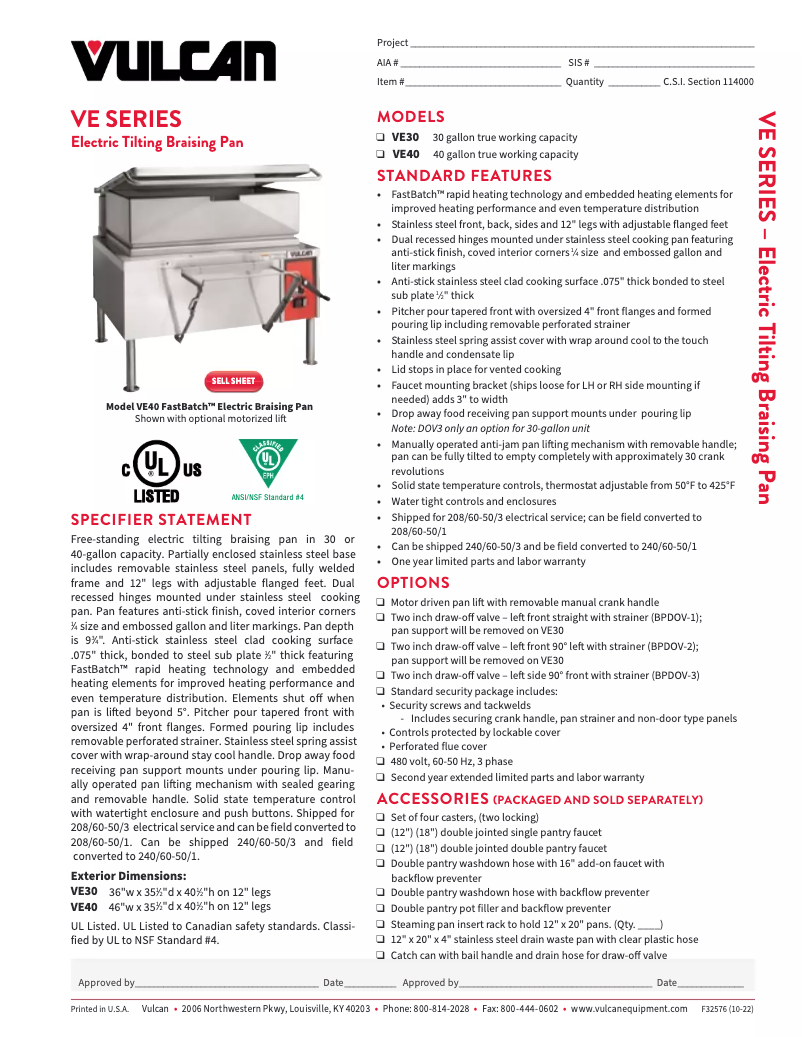 Page 1 de la notice Fiche technique Vulcan VE30
