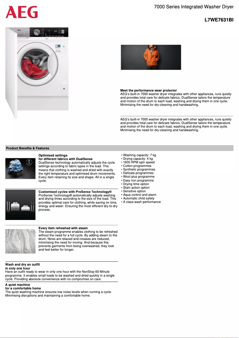 Page 1 de la notice Fiche technique AEG L7WE7631BI