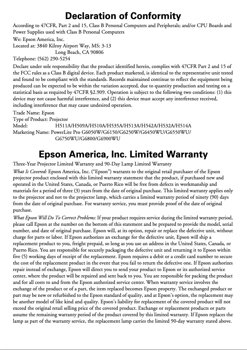 Página 1 del manual Información de garantía Epson PowerLite Pro G6050W