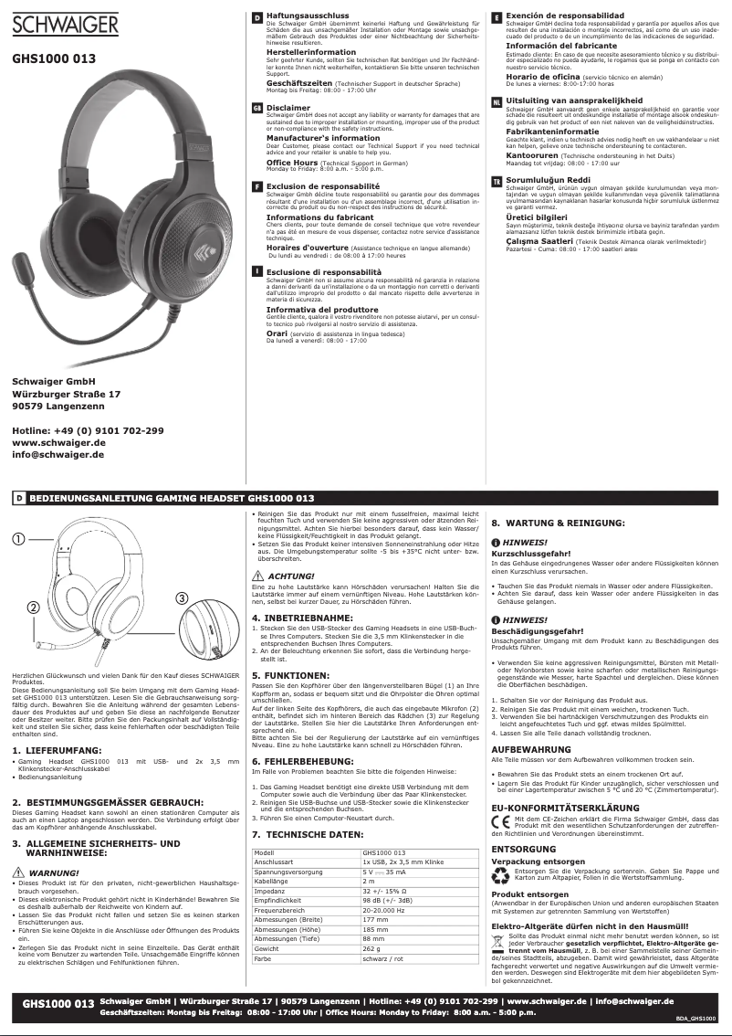Page 1 de la notice Manuel utilisateur Schwaiger GHS1000 013
