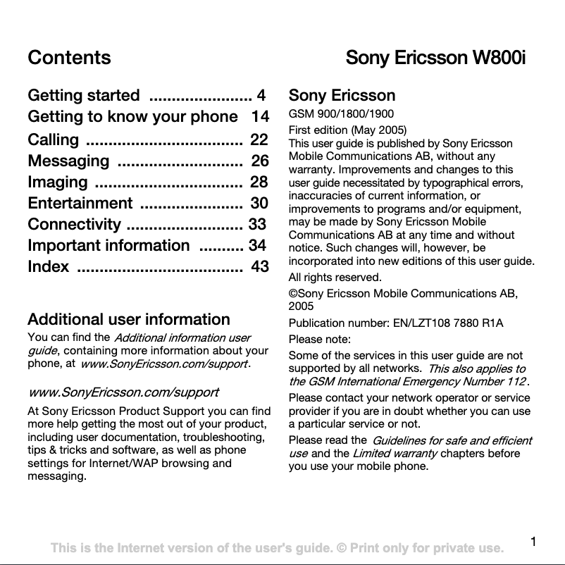 Page 1 de la notice Manuel utilisateur Sony Ericsson W800i