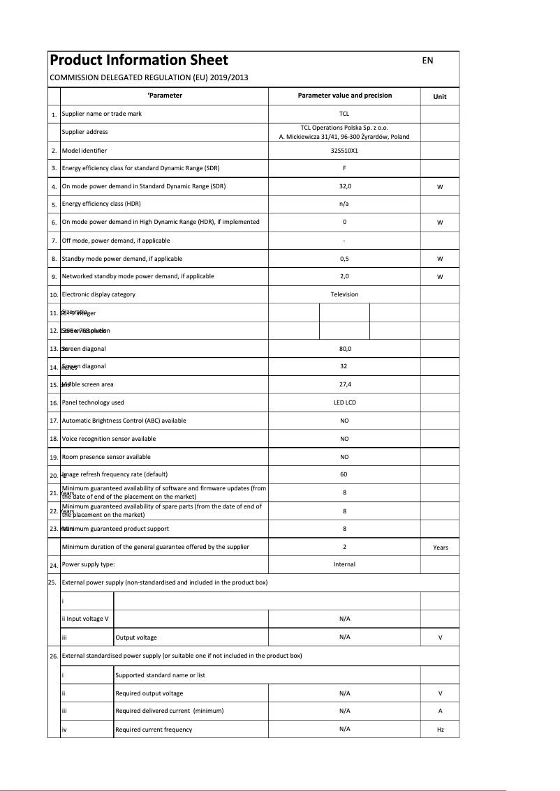 Page 1 de la notice Label énergétique TCL 32S510