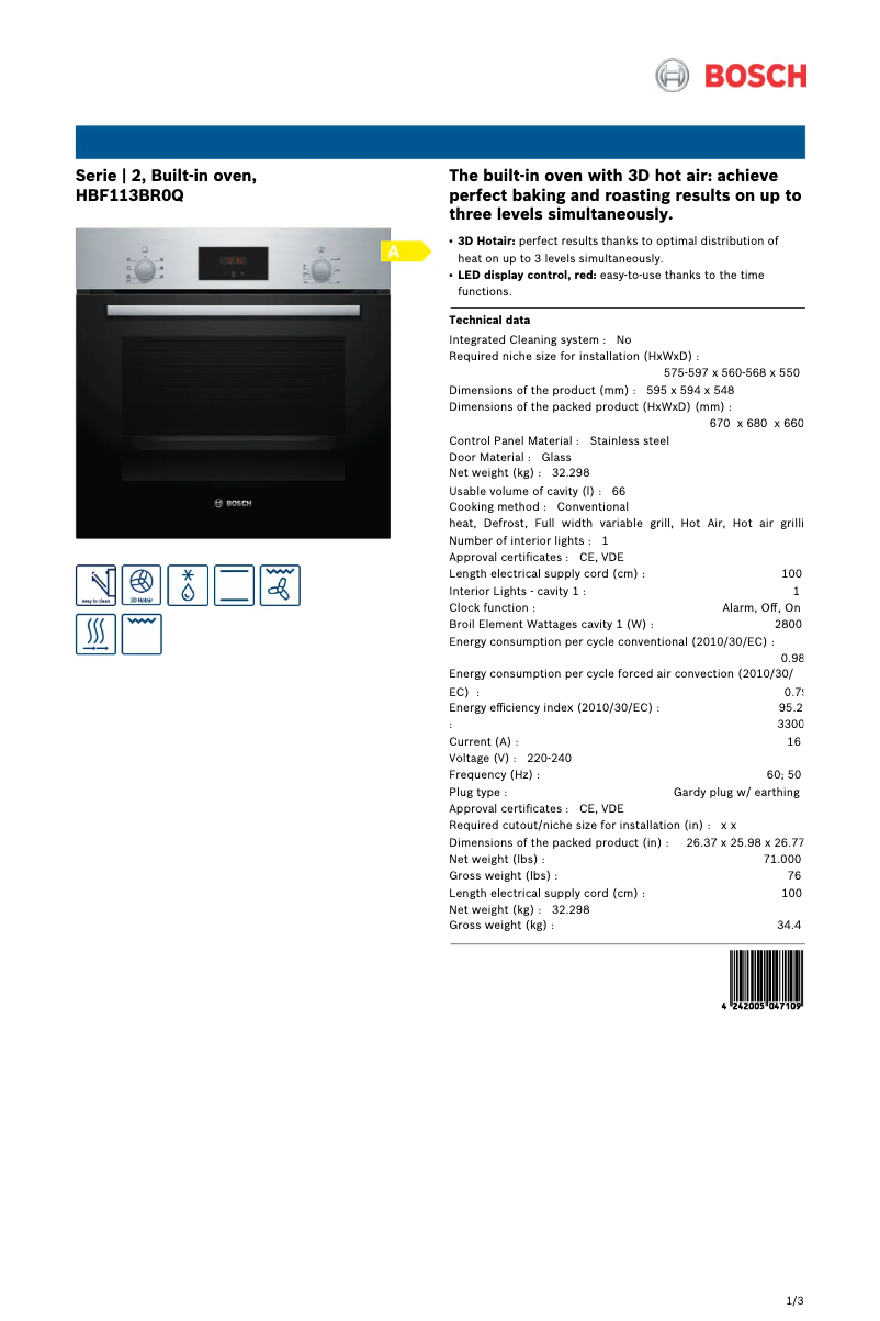Page 1 de la notice Manuel utilisateur Bosch HBF113BR0Q