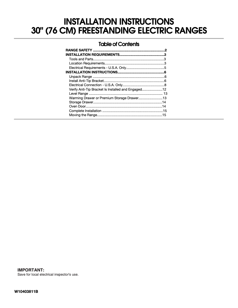 Page 1 de la notice Instructions / montage Whirlpool WFE510S0AT