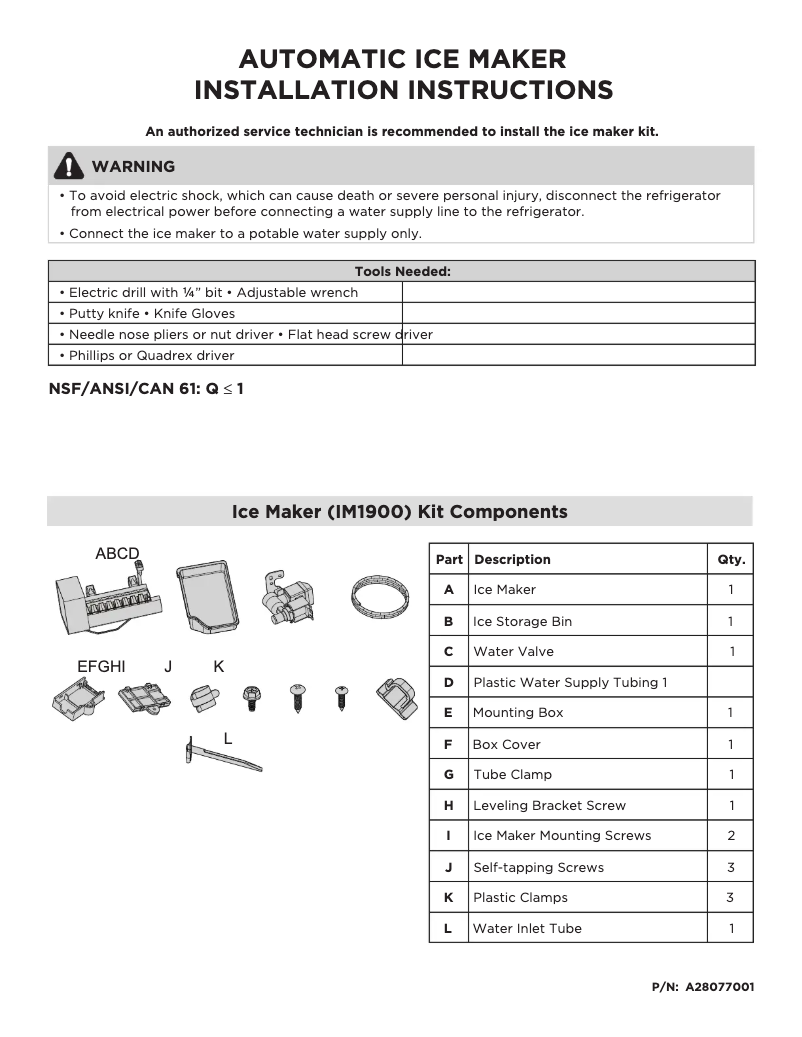 Page 1 de la notice Guide d'installation Frigidaire FRTE1622AS