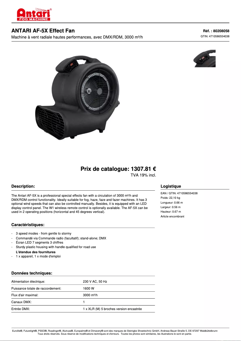 Page 1 de la notice Fiche technique Antari AF-5X