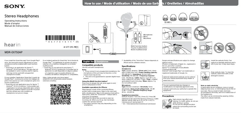 Page n°1 - Manuel utilisateur Sony MDR-EX750AP