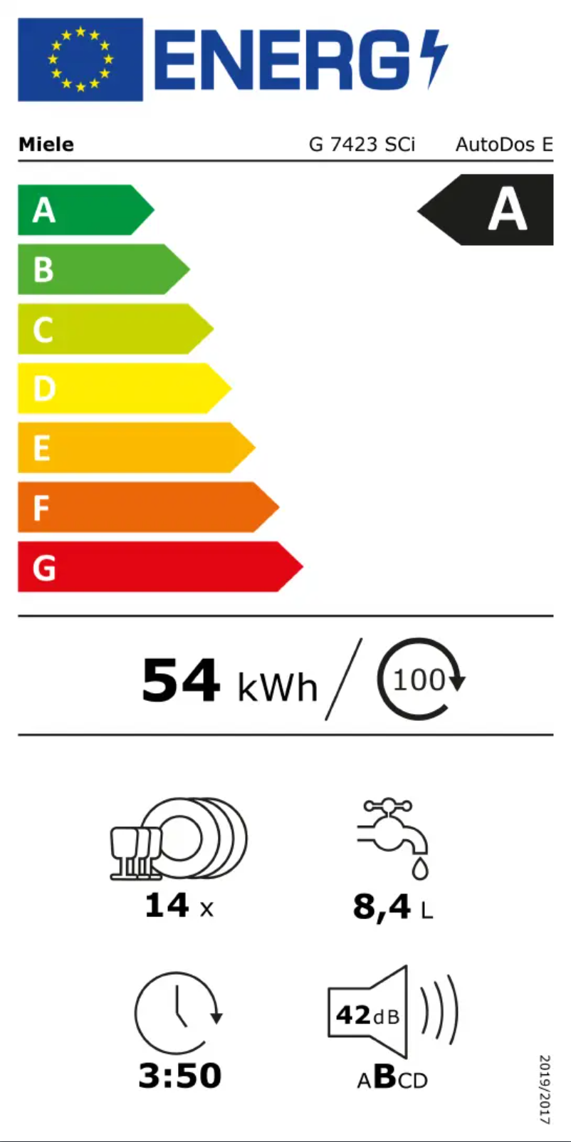 Page 1 de la notice Label énergétique Miele G 7423 SCi AutoDos Excell