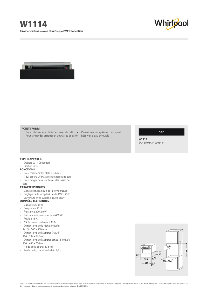Page 1 de la notice Fiche technique Whirlpool W1114